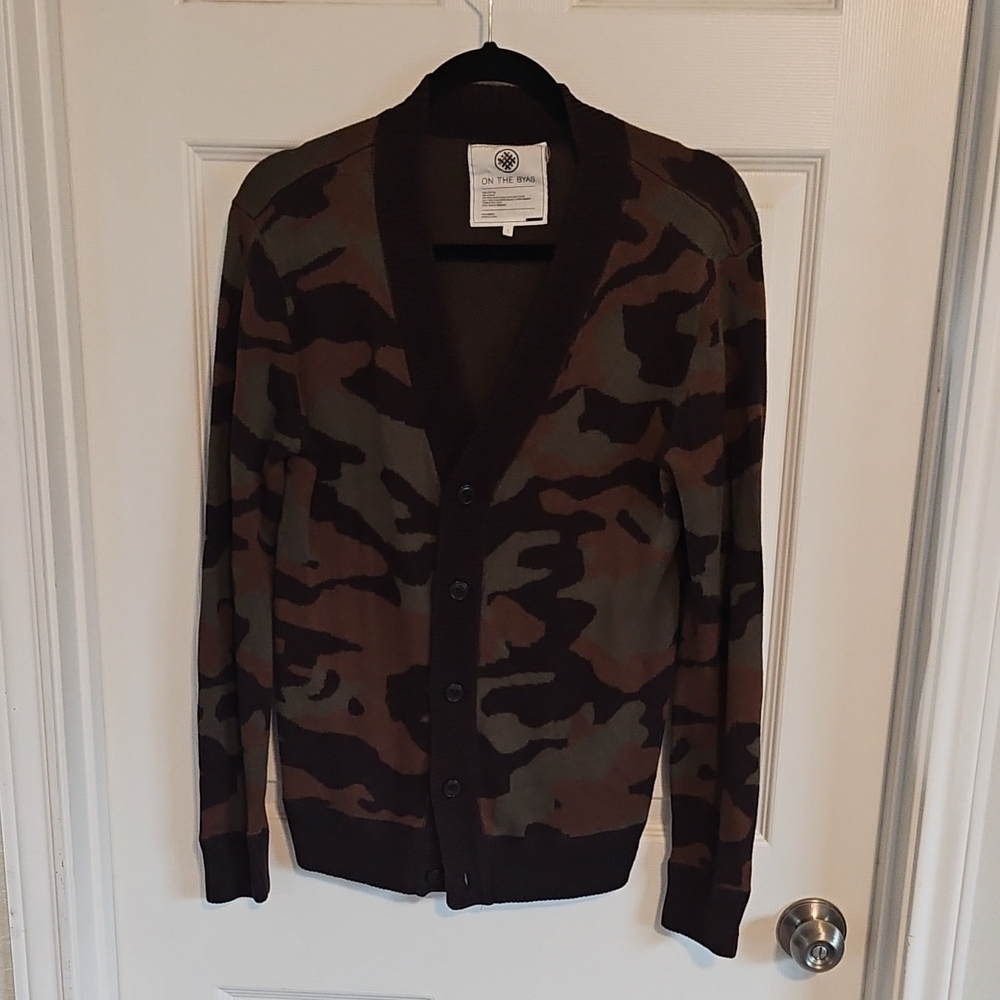 On The Byas Green and Brown Camo Cardigan Sweater